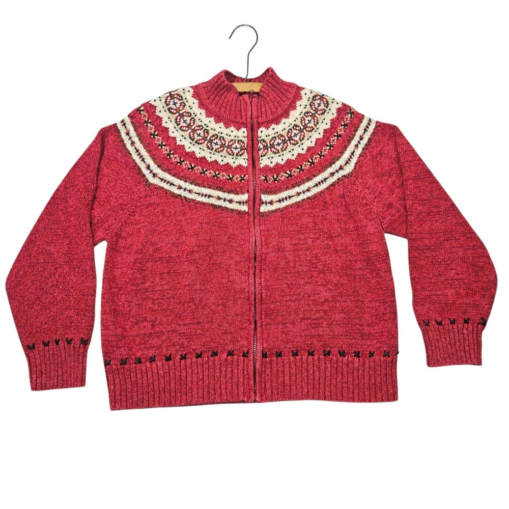 VTG Tiara International 2003 Fair Isle Zip Cardigan Sweater Red XL Sz XL